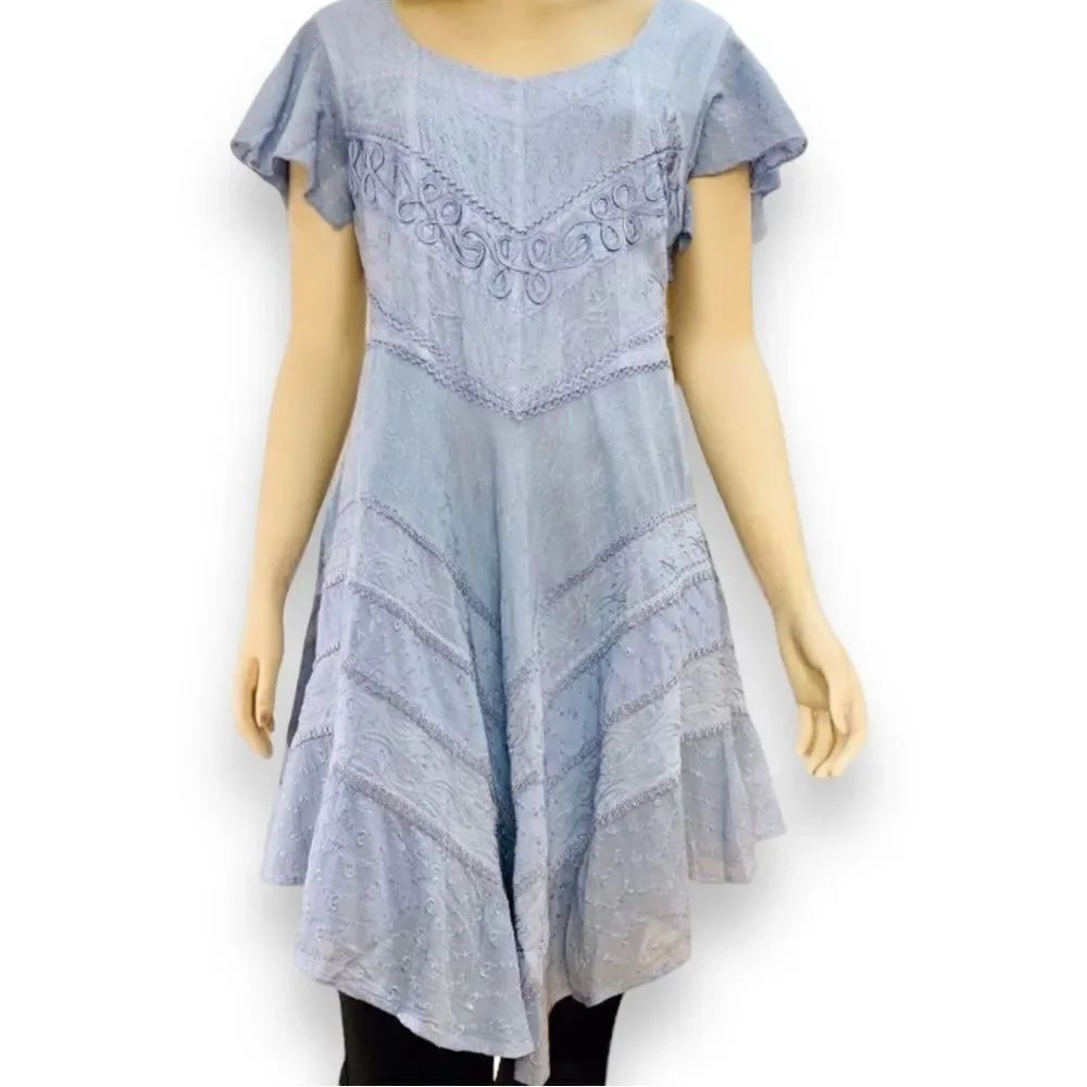 Blue Embroidered Fit & Flare Asymmetric A-line Mini Dress - NEW